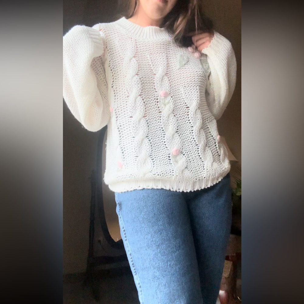 Shenanigans Women's White Floral Knit Sweater